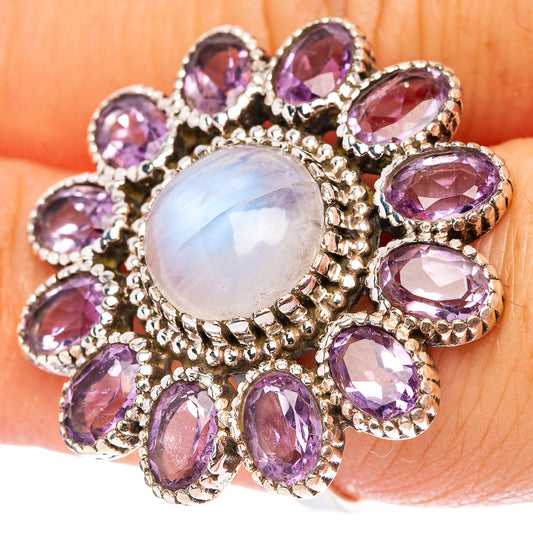 Sterling silver flower ring with oval amethyst stones and round rainbow moonstone cabochon