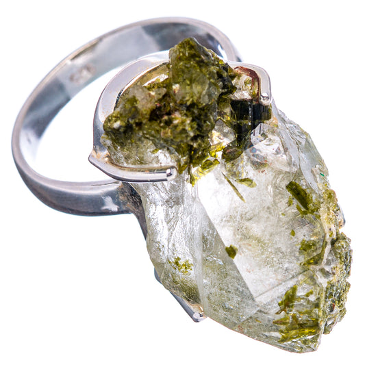Raw epidote quartz ring with clear quartz and green inclusions, curved silver band