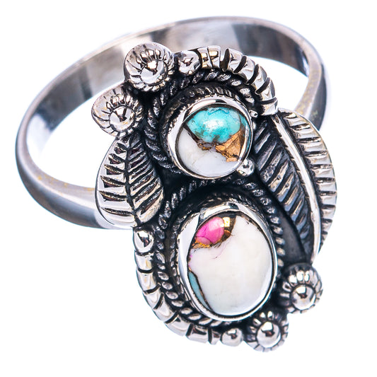 Turquoise and pink oval inlay sterling silver ring with leaf-pattern bezel