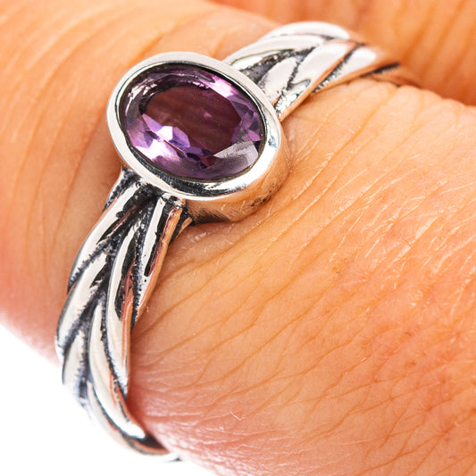 Amethyst dainty ring in .925 sterling silver with oval purple stone and twisted band