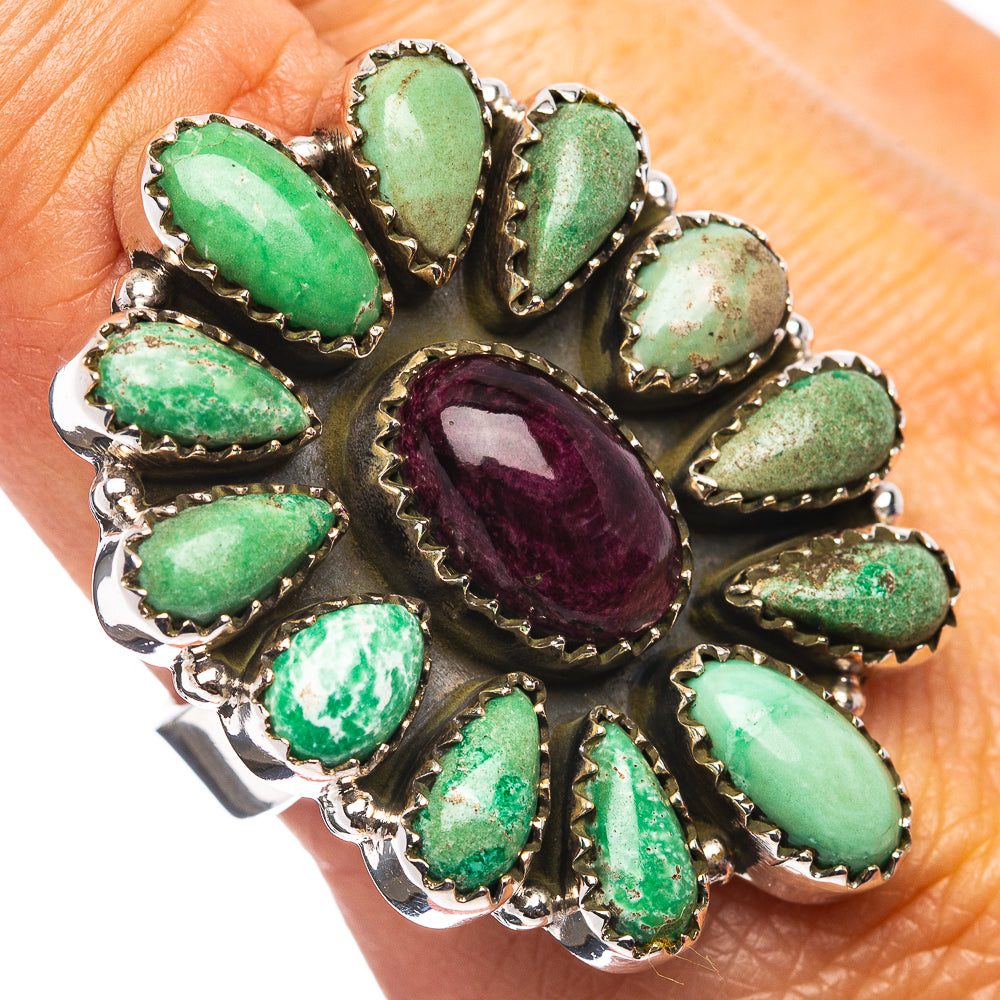 Exclusive Southwestern Style Puprle Spiny Oyster, Variscite Ring Size 9 Adjustable (.925 Sterling Silver)