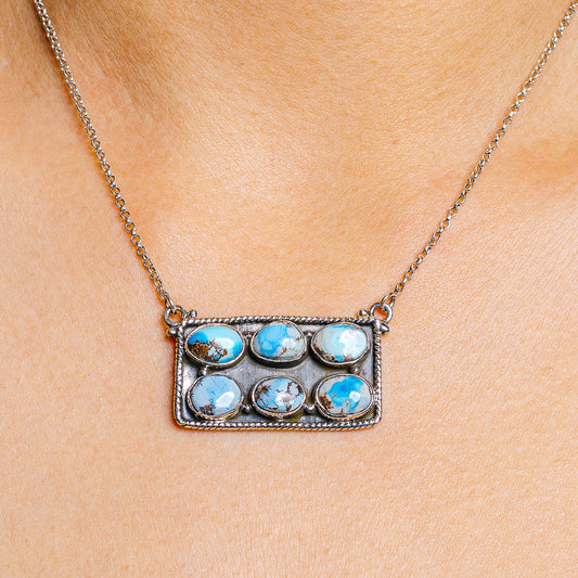 Turquoise inlay sterling silver necklace with rectangular pendant and linked chain
