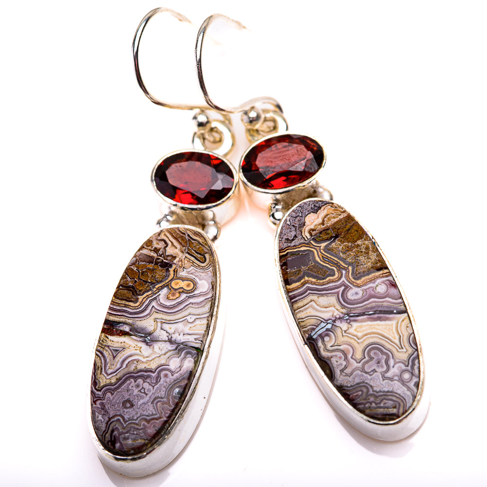 Sterling silver drop earrings with two marbled ovals and round red garnet accents