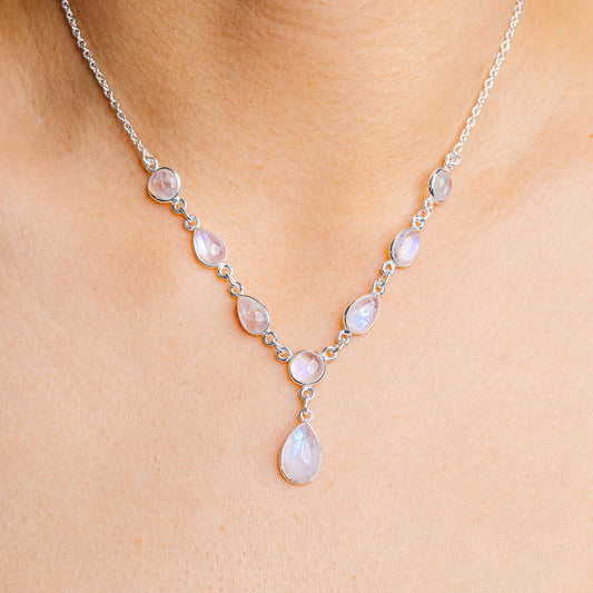 Sterling silver moonstone necklace with teardrop pendants, 15–16 in chain