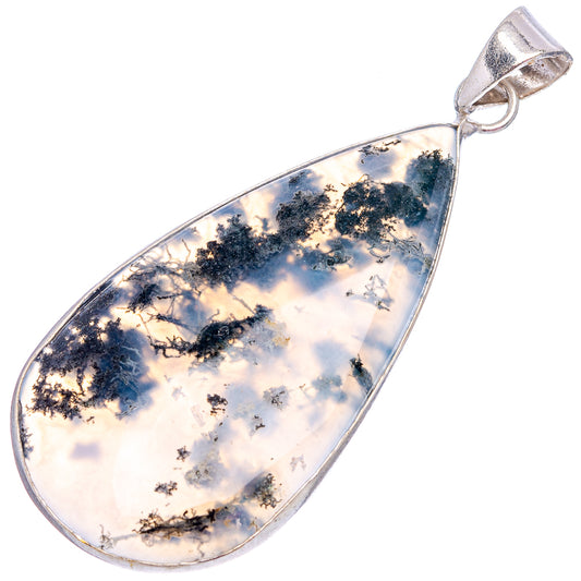 Silver-plated moss agate pendant with teardrop cabochon, light blue with dark green moss