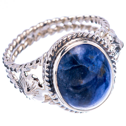 Blue sodalite oval cabochon ring in sterling silver with detailed filigree band