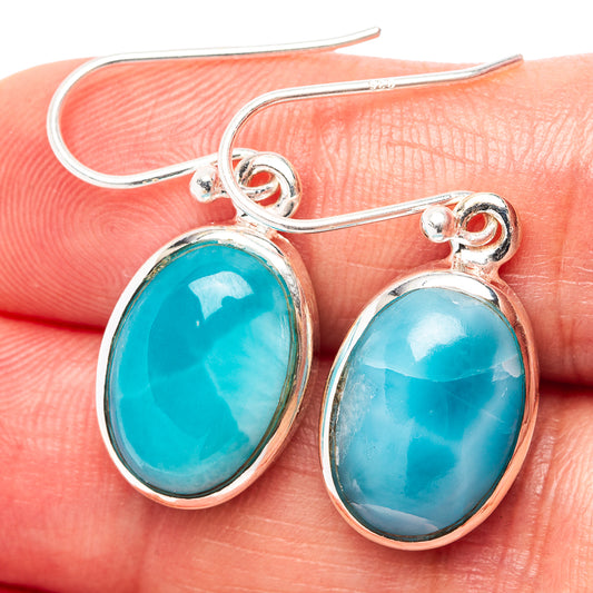 Oval Larimar gemstone drop earrings in .925 sterling silver with hook backs