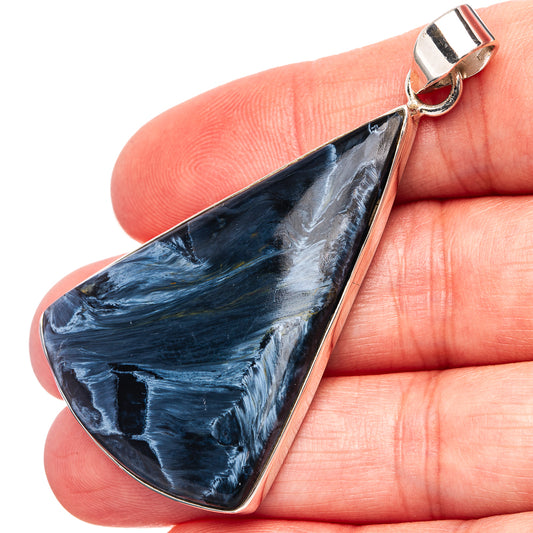 Sterling silver pietersite pendant with dark blue and navy stone in teardrop bezel