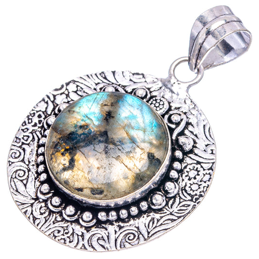 German silver labradorite pendant, round multicolor cabochon, decorative scrolling frame