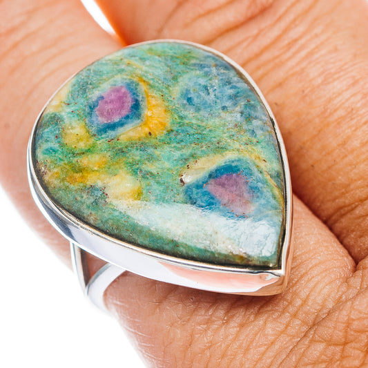 Teardrop cabochon ring with green fuchsite stone, pink ruby-like spots, .925 sterling silver