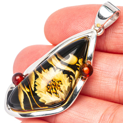 Amber Intaglio Sunflower Pendant 2" (925 Sterling Silver) P42569