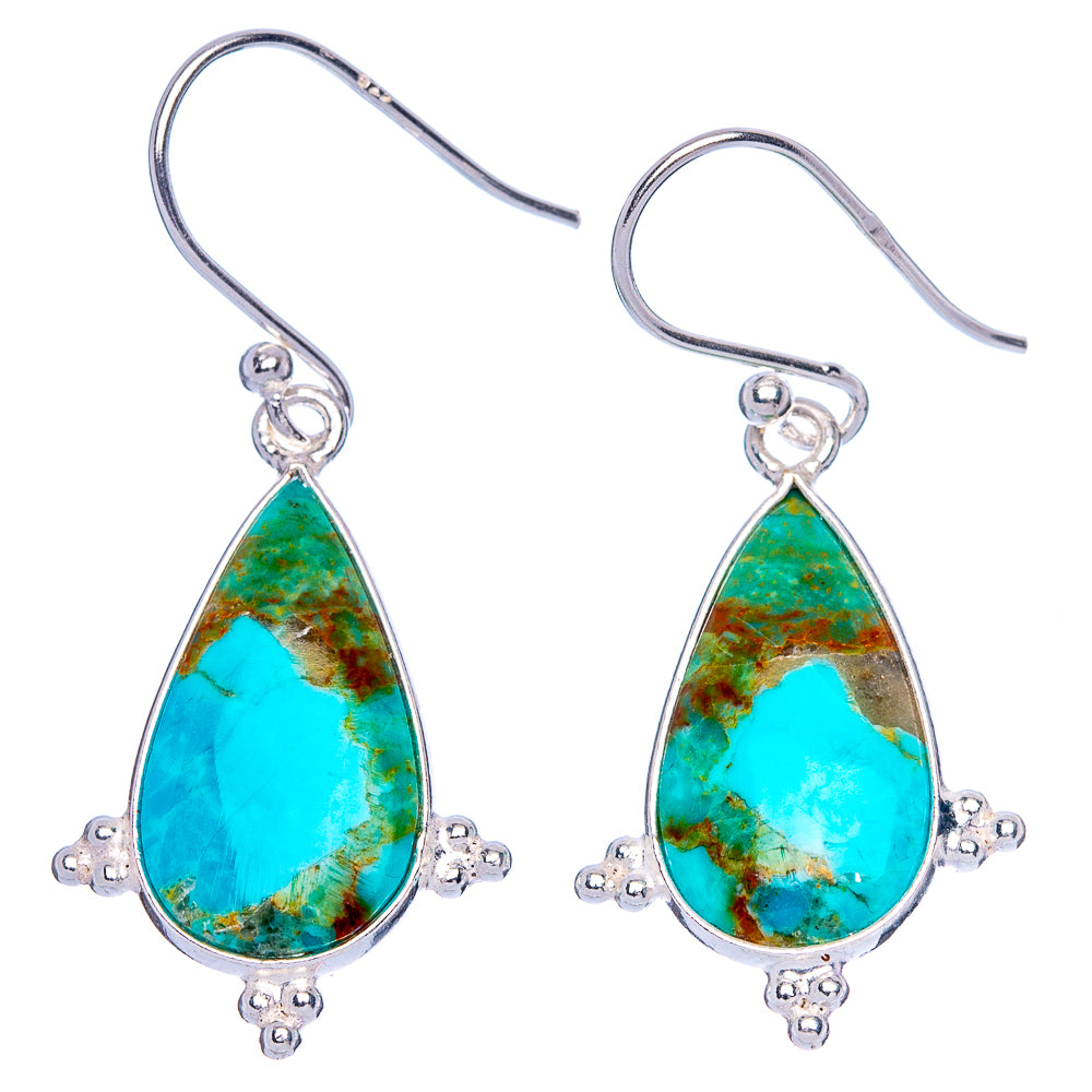 Turquoise teardrop hook earrings in 925 sterling silver with decorative silver accents