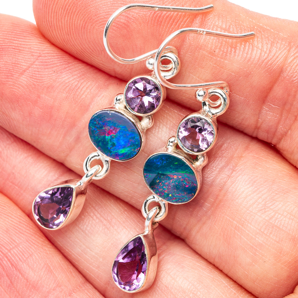 Rare Doublet Opal, Amethyst Earrings 1 5/8" (925 Sterling Silver) E1574