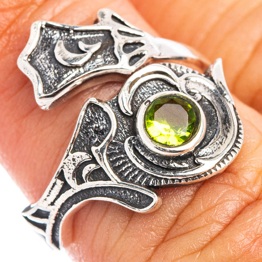 Sterling silver peridot dainty ring with round green gemstone and ornate filigree band