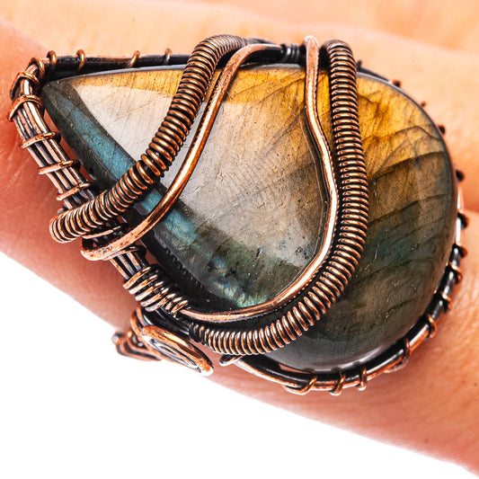 Oxidized copper wire wrap labradorite ring, size 6, teardrop stone