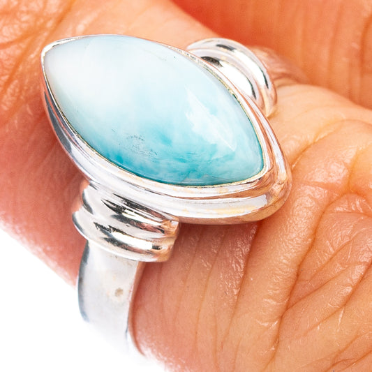 Oval Larimar gemstone ring in .925 sterling silver, blue stone set in hinged bezel