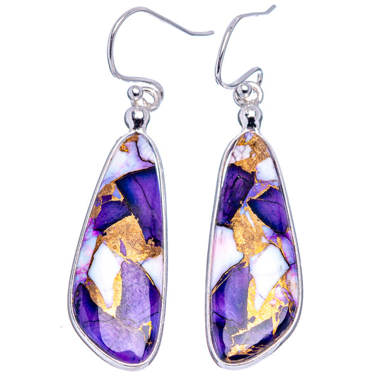 Sterling silver drop earrings, purple-blue and gold mosaic teardrop stones, fishhook
