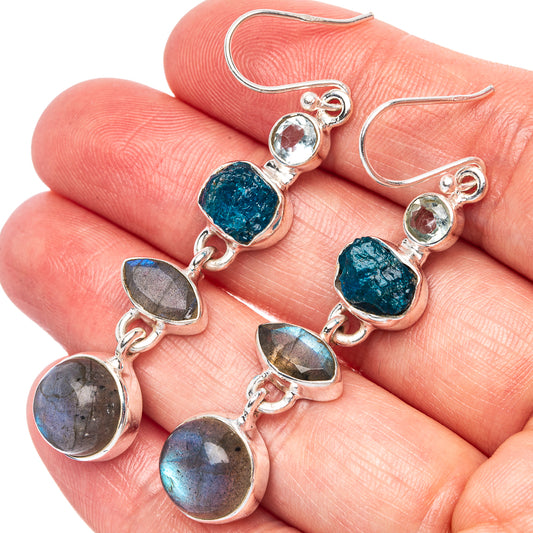 Labradorite, Apatite, Blue Topaz Earrings 2 1/4" (925 Sterling Silver) E1588