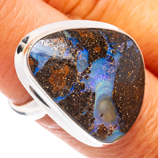 Sterling silver boulder opal ring, oval cabochon with blue and green iridescence