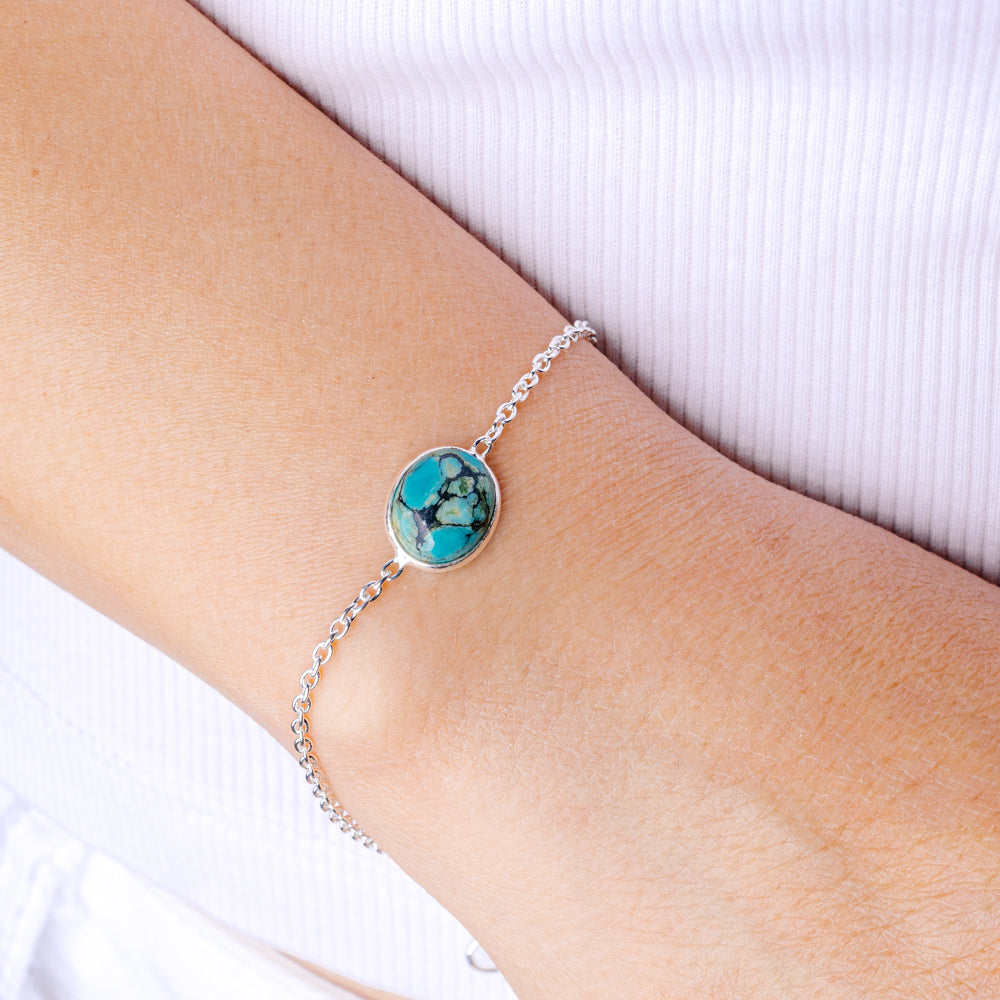 Turquoise spiderweb cabochon sterling silver bracelet with round pendant and chain