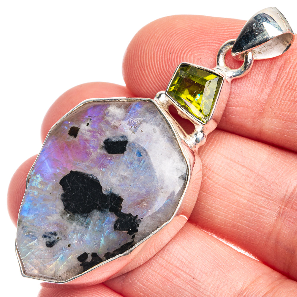 Raw Rainbow Moonstone, Peridot Pendant 2" (925 Sterling Silver) P39336