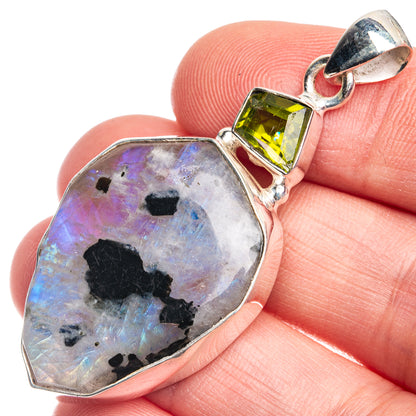 Raw Rainbow Moonstone, Peridot Pendant 2" (925 Sterling Silver) P39336