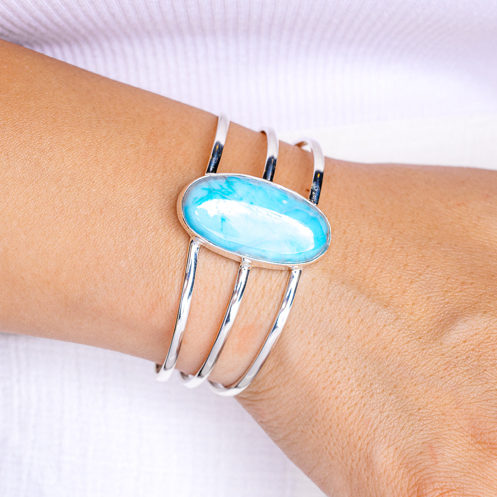 Premium Larimar Cuff Bracelet (.925 Sterling Silver)