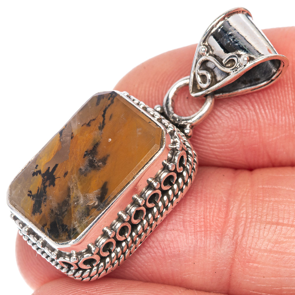 Sterling silver dendritic agate pendant with rectangular orange-brown stone and dark veins