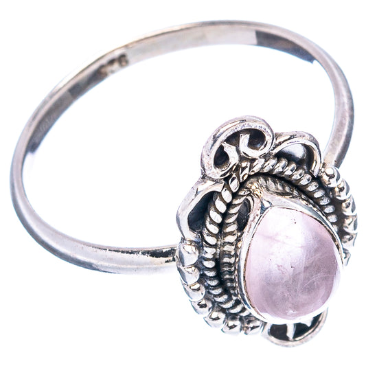 Rose quartz oval sterling silver ring, detailed prong and rope bezel on open band
