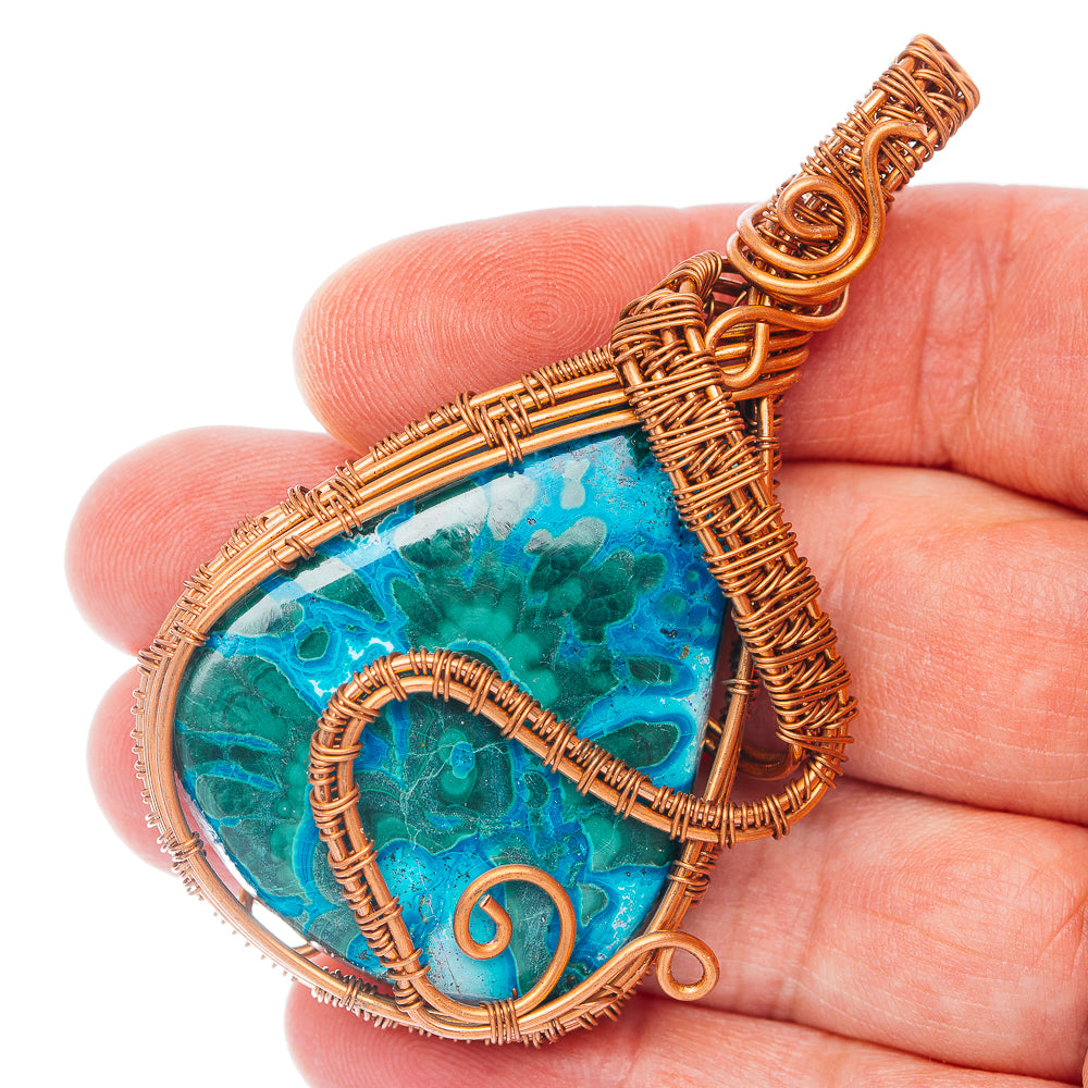 Malachite In Chrysocolla Wire Wrap Pendant 2 3/4" (Copper)
