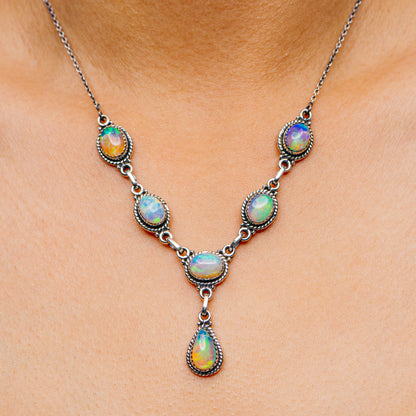 Sterling silver opal necklace with five teardrop gemstones and link chain