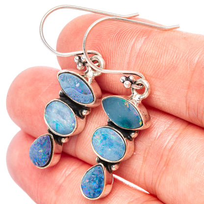 Sterling silver opal doublet drop earrings with blue teardrop stones and oval links