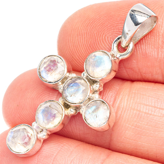 Rainbow Moonstone Cross Pendant 1 3/8" (925 Sterling Silver) P43955