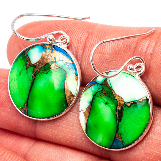 Round green turquoise earrings with sterling silver hooks, multicolor stone bezel.