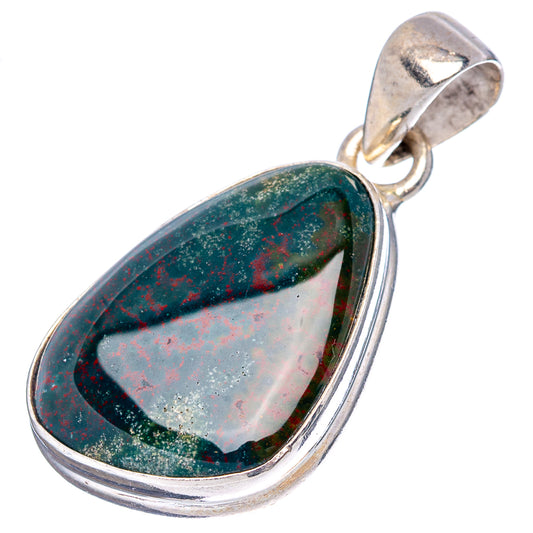 Teardrop bloodstone pendant with silver frame and loop bail, glossy dark green/red