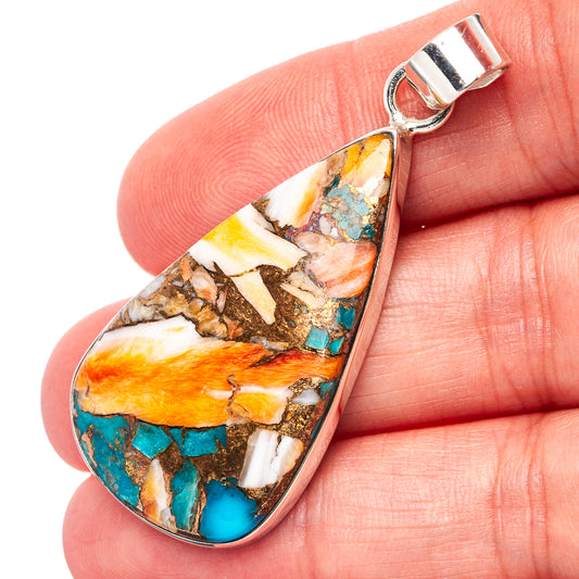 Teardrop spiny oyster pendant with turquoise and orange mosaic inlay, .925 sterling silver