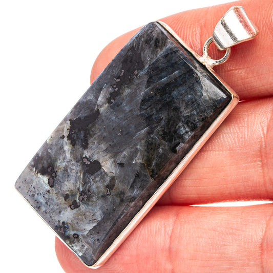 Silver-plated larvikite rectangular pendant with dark blue gray stone and loop bail