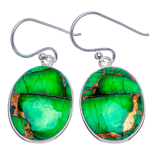 Pair of oval green turquoise dangle earrings in .925 sterling silver with copper matrix