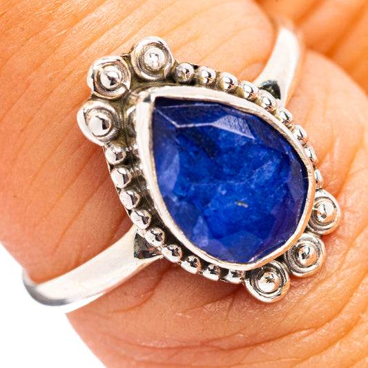 Sterling silver ring with teardrop blue sillimanite and ornate beaded setting