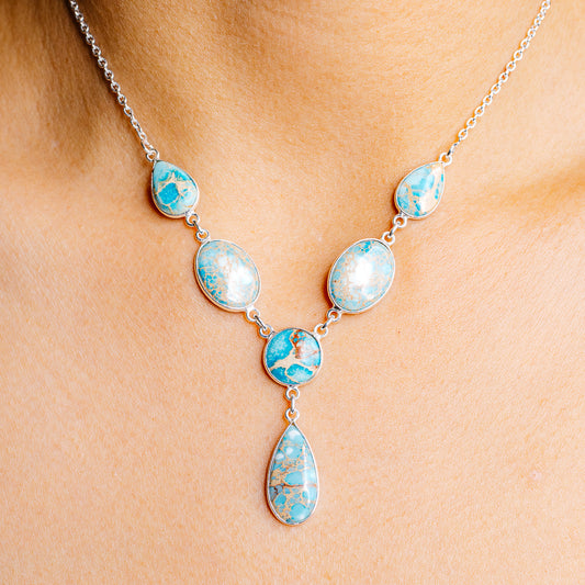 Blue imperial jasper necklace with silver chain and five teardrop gemstone pendants