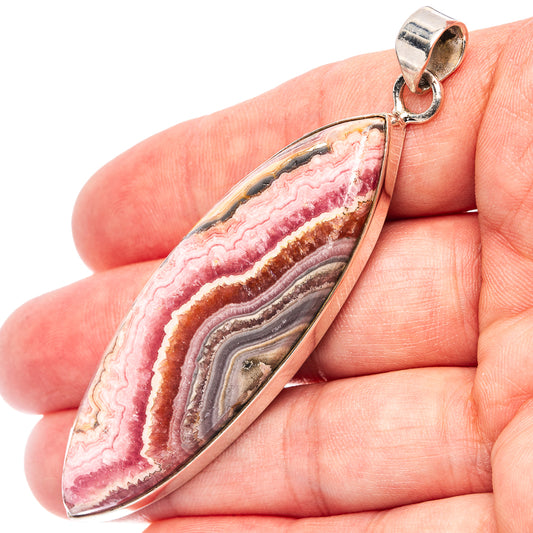 .925 sterling silver rhodochrosite oval pendant with pink, white, and gray striped stone
