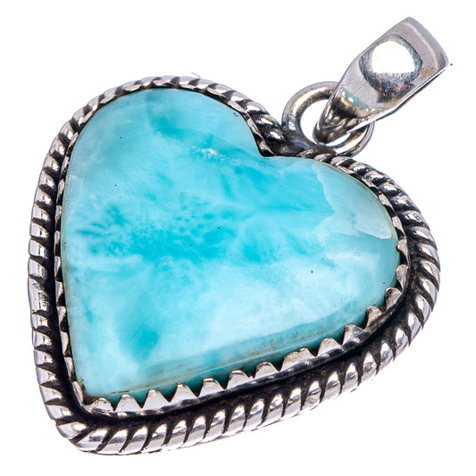 Larimar heart pendant with braided rim and scalloped edge; silver bail loop