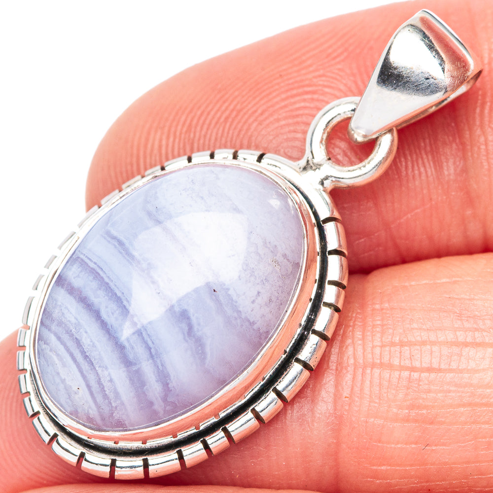 Oval blue lace agate pendant, 925 sterling silver bezel with bail and border accents