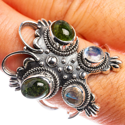 Large Green Tourmaline, Rainbow Moonstone Ring Size 9 (925 Sterling Silver) R144198