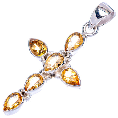 Sterling silver citrine cross pendant with five teardrop faceted yellow gemstones