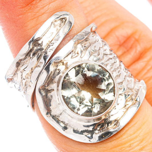 Green amethyst oval sterling silver adjustable ring, faceted gemstone in ornate setting