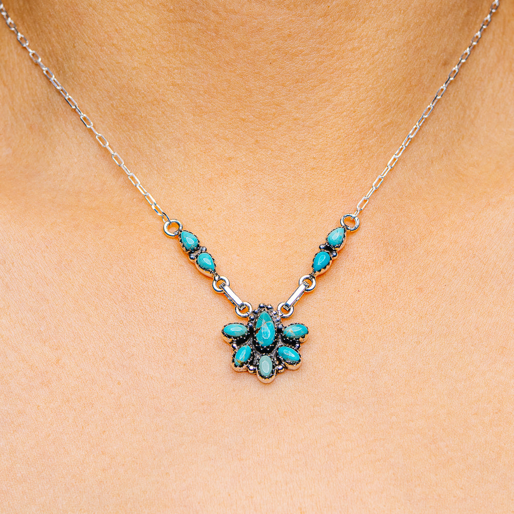 Southwestern Style Kingman Turquoise Necklace 16 to 18" (.925 Sterling Silver)