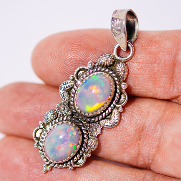 Large Southwestern Style Ethiopian Opal Pendant 1 7/8" (.925 Sterling Silver)