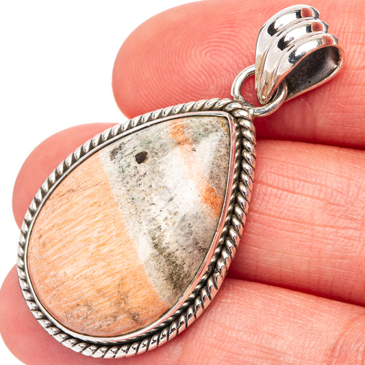 Celestobarite pendant, .925 sterling silver teardrop cabochon with orange-gray banding