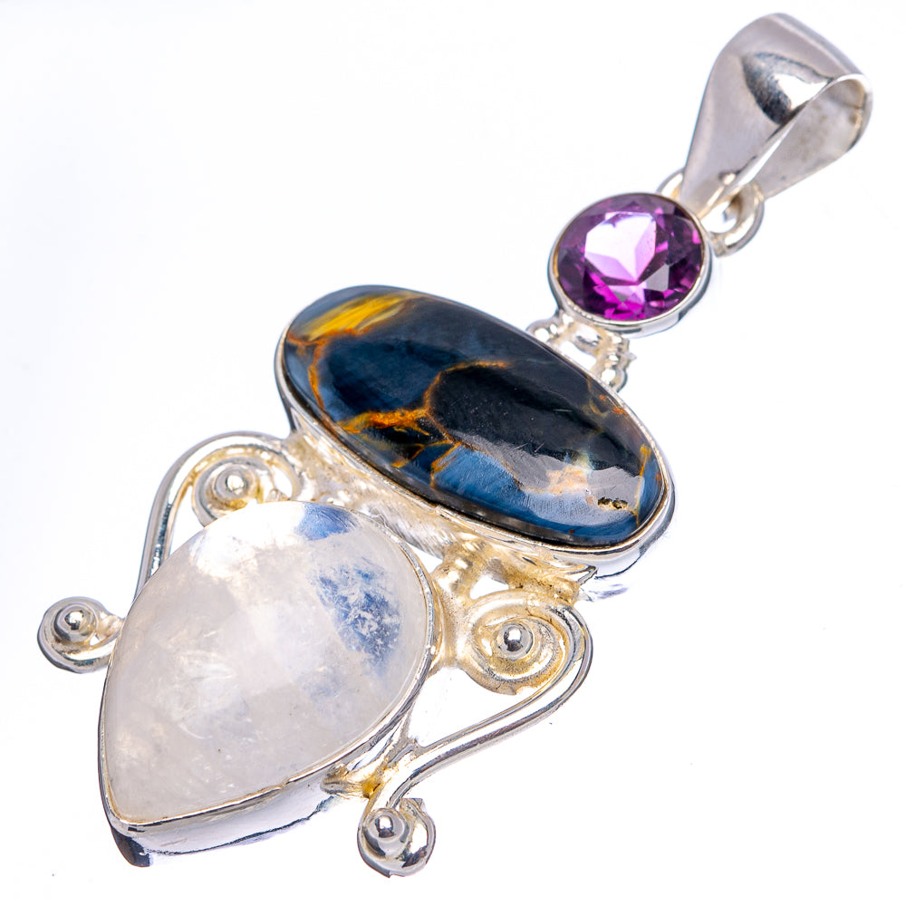 Premium Pietersite, Rainbow Moonstone, Amethyst Pendant 1 3/4" (.925 Sterling Silver)